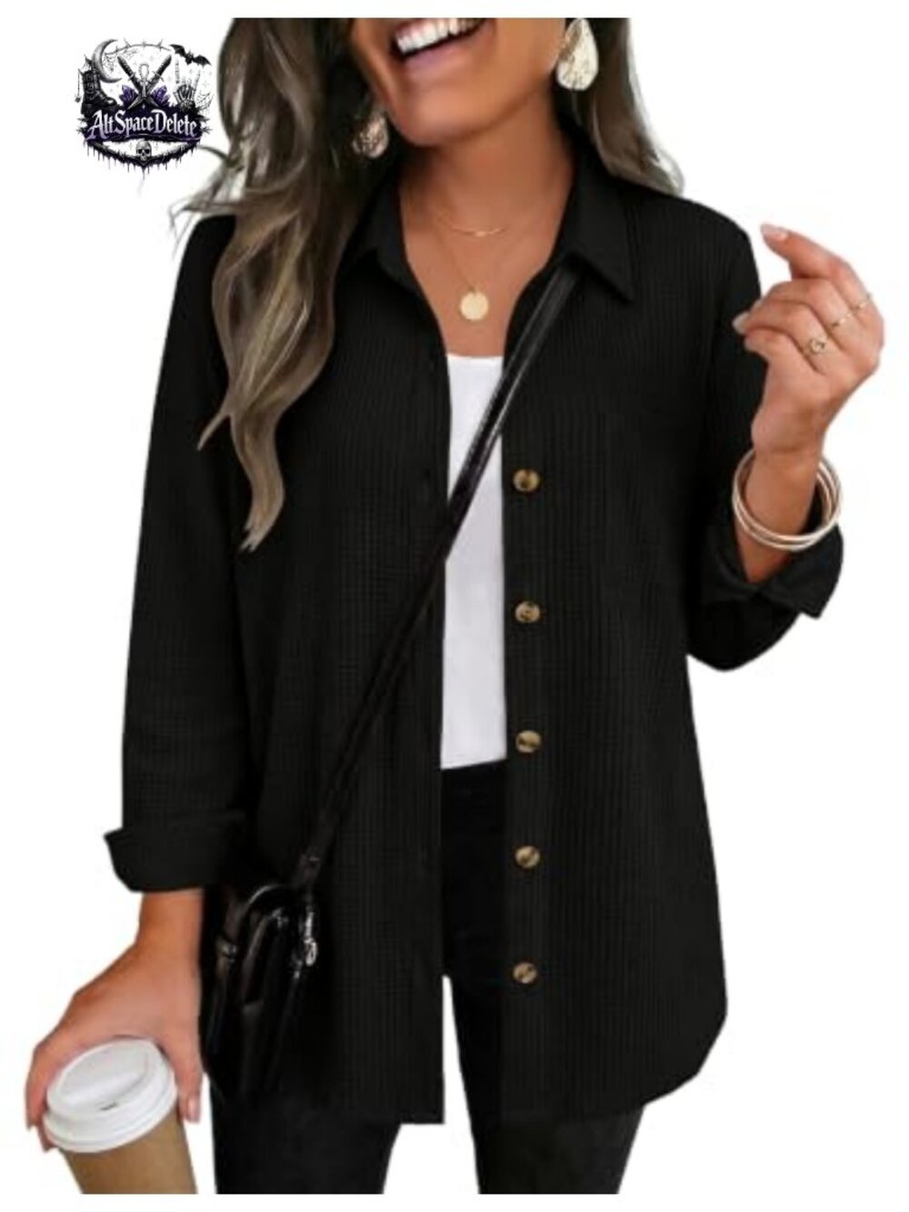 Waffle Knit Shacket Button Down Long Sleeve Top with Pocket